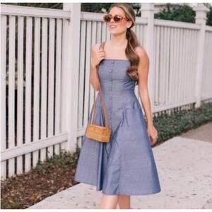 Gal Meets Glam Riley Chambray Polka Dot Midi Dress Blue Fit Flare Size 12